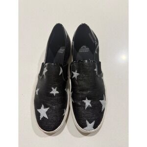 Black Star Print Slip On Sneakers Woven Patent Leather Trim Flats